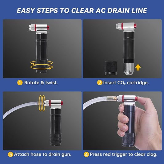 Upgraded Drain Device, AC Drain Line Cleaner Device, AC Drains Line Unclogger Tool, with 6 Unthreaded CO2 Cartridges, with a Flexible Hose to Clear All HVAC Clogs,16 Gram Unthreaded CO2