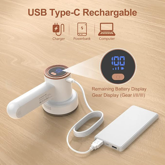 HOMEASY Fabric Shaver, Rechargeable Lint Remover for Clothes White | Electric sweater shaver and depiller with 70mm head, 6-leaf blades, LED battery display and Type-C charging for Furniture - Image 2
