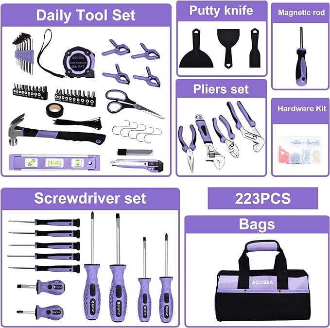 Purple Tool Set,223-Piece Tool Sets for Women,Tool Kit with 13-Inch Wide Mouth Open Purple Tool Bag,The Basic Tool Set is Perfect for Home Maintenance (PURPLE)
