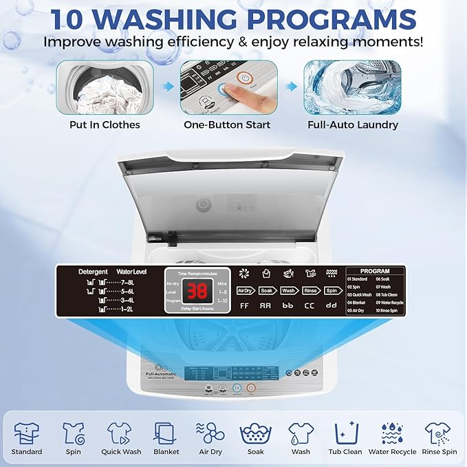 Nictemaw Portable Washing Machine, 20Lbs Capacity Full-Automatic Portable Washer Machine, 2.8Cu.ft Washer and Dryer Combo with 10 Programs 8 Water Levels Laundry Machine for Apartment, Dorms, RV