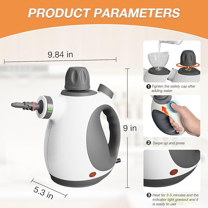 Handheld Steam Cleaner, Pressurized Multi-Purpose Natural Steamer with 12 pcs Accessories, Steamer for Cleaning Car, Countertop Bathroom, Shower, Upholstery, Couch, Tile Grout, Window, Grease