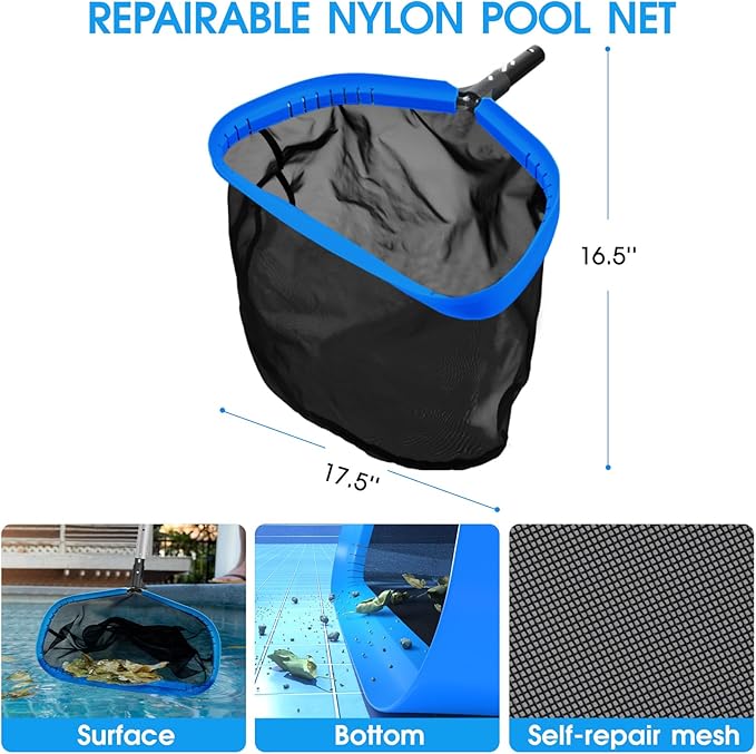 All in One Pool Cleaning Kit - 18'' Repairable Pool Nylon Net & 18'' Detachable Round Brush & 11'' Fine Mesh Skimmer Net & 10 FT Aluminum Poles & Handy Scrubber for Water Line Cleaning