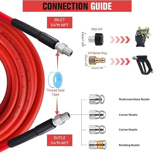 50 FT Sewer Jetter Kit for Pressure Washer,Water Jet Drain Cleaning Hose with Corner Rotating Button Spring Nose 1/4" NPT Sewer Cleaning Tool High-Pressure Nozzles,5800 PSI