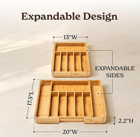 SMIRLY Silverware Drawer Organizer – Bamboo Kitchen Drawer Organizer, Adjustable Utensil Holder and Cutlery Tray, Drawer Dividers for Flatware and Kitchen Utensils | Adjustable, Drawer Dividers, Flatware, Kitchen Utensils