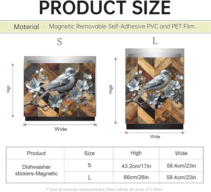 Stainless Steel Bird Flowers Dishwasher Magnet Cover for Home Appliances, Vintage Wood Grain Magnet Refrigerator Panel Decal, Silver Metal Bird Magnetic Dishwasher Sticker 23" W x 17" H
