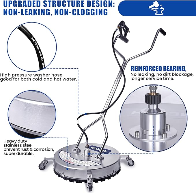 MEKOH Pressure Washer Surface Cleaner 22'', 4500PSI Stainless Steel Surface Cleaner Attachment with Wheels, Power Washer Accessory for Driveway Sidewalk Curb Deck Patio Cleaning, 3/8'' Quick-Connect