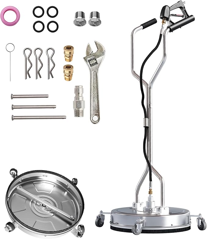 24" Pressure Washer Surface Cleaner with 4 Wheels, Dual Handle,Stainless Steel Housing, 4 Replacement Nozzle Cores and 2 Hose Adapters, Ideal for Driveways, Sidewalks, Patios, Decks Cleaning