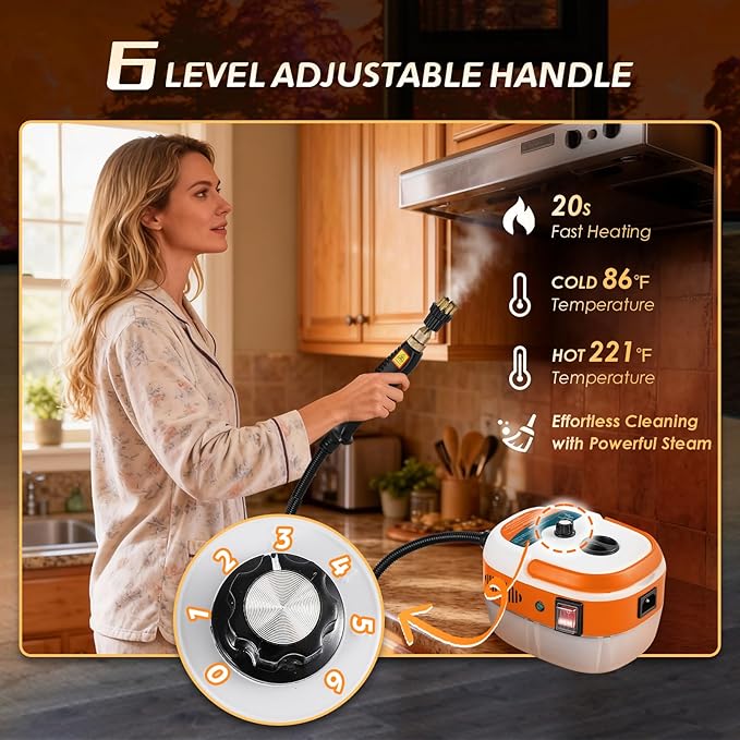 2500W Handheld Steam Cleaner, Pressurized Steam Cleaning Machine with 3 Brush Heads, 20s Heat Up, 1L Tank, Multipurpose Mini Portable Steamer for Tile, Grout, Furniture, Kitchen, Car, Home