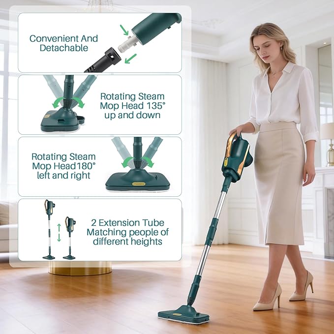 6 in1 Steam Mop Dual-Rod Design with Detachable Handheld Steamer, 300ML Removable Tank,23 FT Power Cable,includes Multi-purpose Accessories,Steam Mops for Floor Cleaning,Windows,Tile Grout.