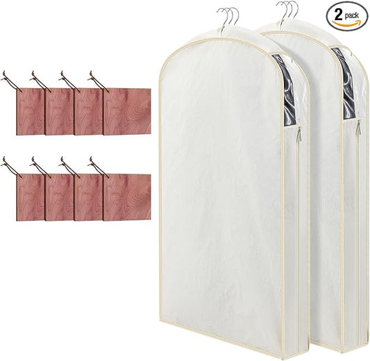 2 Sets 40 Inch Linen Fabric Bags for Hanging Clothes and Storage with Cedar Blocks for Fresh Smell and Moth Protection Sandpaper for Suit Fur Coat Jacket Sweater