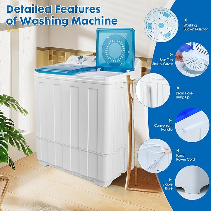 Portable Washing Machine Twin Tub - 14lbs Compact Washer (9,5lbs) and Spinner Dryer (4.5lbs) Combo with Drain Pump - Semi Automatic Washing Machine for Apartments, Dorms, RVs, Camping - Blue
