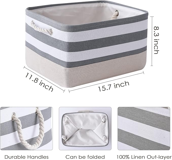 TheWarmHome Storage Basket Fabric Basket with Handles Dog Toy Basket Cloth Storage Bin Shelf Basket Decorative Storage Basket Shoe Basket Gift Basket(Grey&White Stripes-1 Pack,15.7L??11.8W??8.3H)