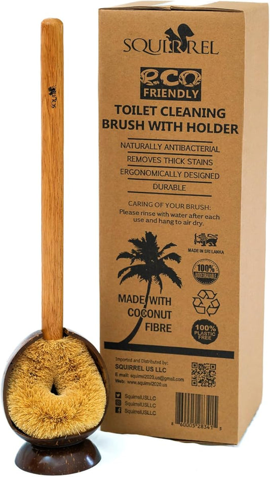 Wooden Toilet Brush with Coconut Shell Holder Eco-Friendly Wooden Toilet Bowl Cleaning Brush - Effective Toilet Cleaning Brush - Durable and Natural Toilet Cleaner