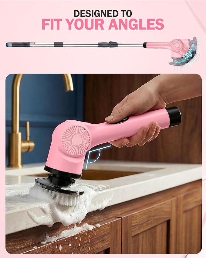 Electric Spin Scrubber, 3-Speed Cordless Shower Scrubber with Long Handle & 10 Replaceable Brush Heads, 90 Mins Runtime & Full-Body IPX7 Waterproof Shower Cleaner Brush for Bathroom Kithchen