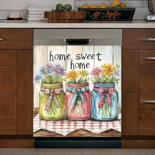 Home Sweet Home Kitchen Decor Dishwasher Magnet Cover Decal, Mason Jar Floral Farm Style Magnetic Dish Washer Panel Door Vinyl Sticker, Refrigerator Magnets,Easy to Clean, 23 x 26 inch