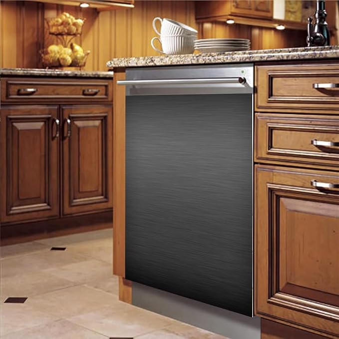 Black Brushed Stainless Steel Pattern Dishwasher Magnet Full Door Cover, Magnetic Dishwasher Panel Decal, Black Metal Immediate Magnet Fridge Door Cover Sheet, 23" W x 26" H Magnetic