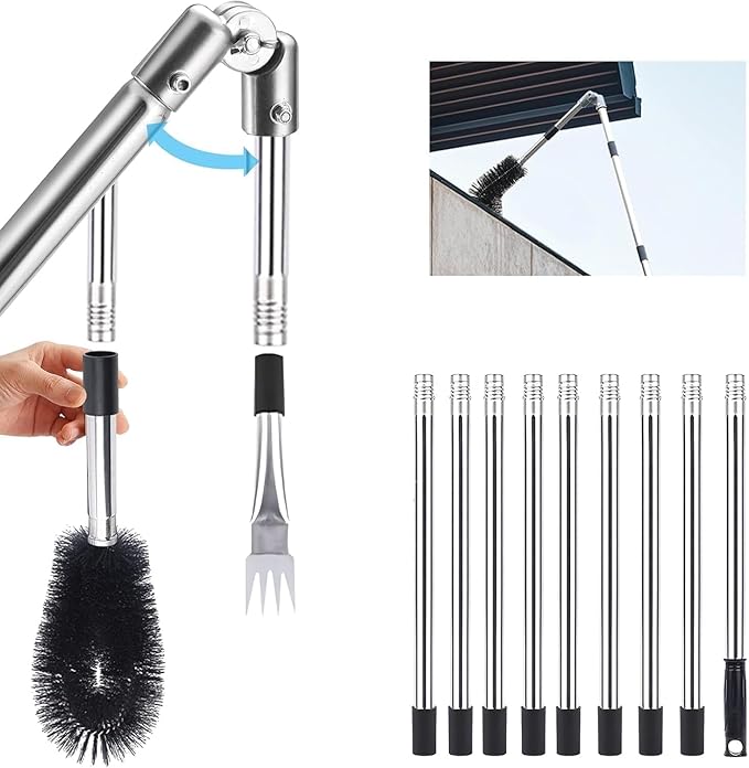 Gutter Cleaning Tools from The Ground, 13.1FT Adjustable Gutter Cleaner Pole with 180° Pivoting Head & Replaceable Brush, 10-Section Leaf Cleaning Tool - No Ladder Needed