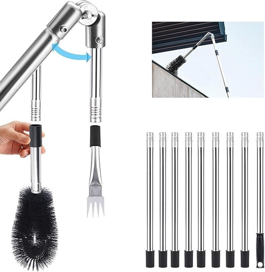 Gutter Cleaning Tools from The Ground, 13.1FT Adjustable Gutter Cleaner Pole with 180° Pivoting Head & Replaceable Brush, 10-Section Leaf Cleaning Tool - No Ladder Needed