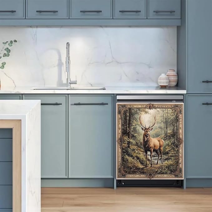 Kitchen Decor Deer Dishwasher Magnet Cover Decal, Vintage Forest Elk Magnetic Dishwasher Covers Decorative, Animal Dishwasher Skin (Magnetic) 23" W x 26" H