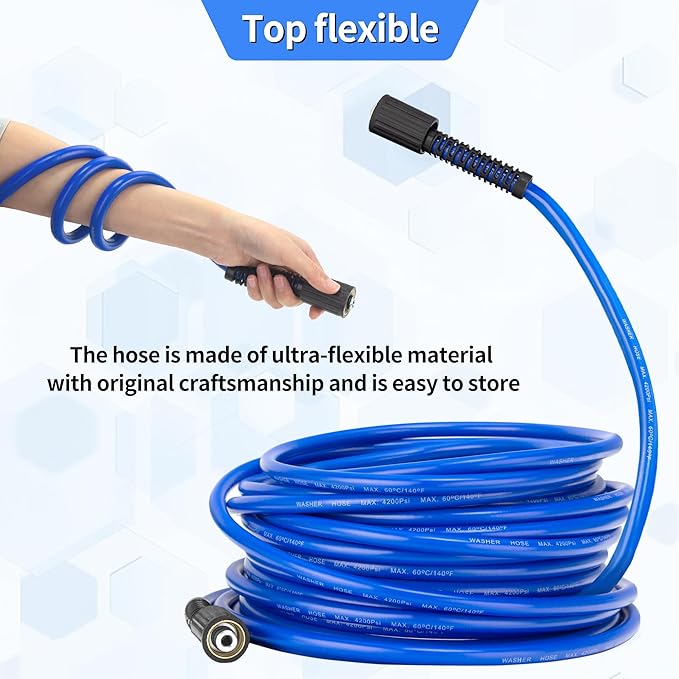 Pressure Power Washer Hose 100 FT x 1/4", Super Flexible Kink Resistant Car Washer Replacement with M22 Fittings & 3/8" Quick Connect Adapters for Ryobi Troy Bilt Flexzilla Greenworks & More, 4200PSI