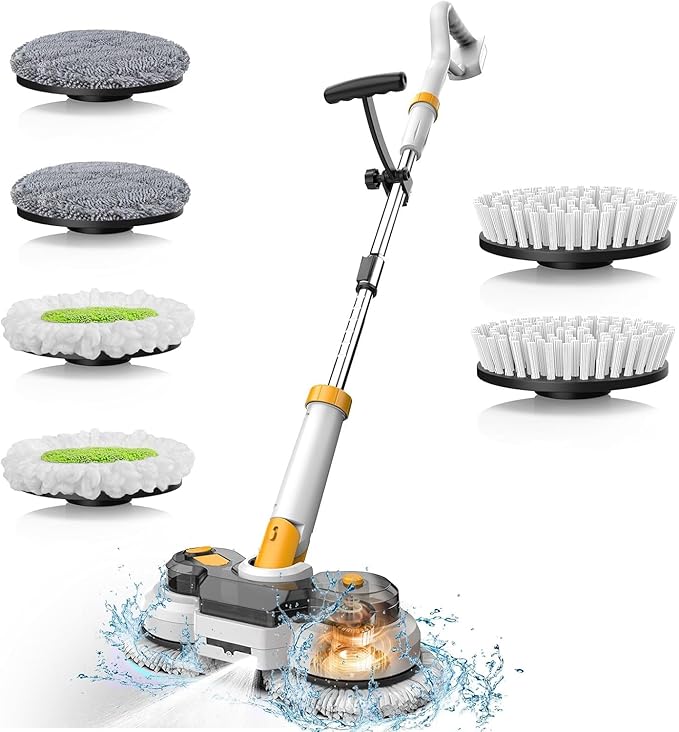 Cordless Electric Mop for Dewalt 20V Battery (NO Battery), 2 in 1 Spin Mop & Electric Floor Scrubber with LED Light & Water Spray, Electric Mops for Floor Cleaning, Hardwood,Tile (White Yellow)