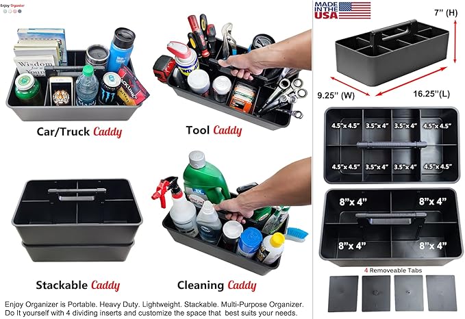 5 Extra Large Portable Carry Caddy, Black, Carrier for Cleaning Supplies, Tools, All-Purpose Carry Caddy Made In USA