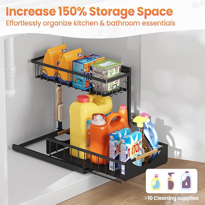 Under Sink Organizer and Storage for Bathroom and Kitchen - 2 Pack 2 Tier Under Cabinet Pull Out Shelf Organizers - Sliding Out Drawer Organization for Home Cabinets Shelves and Drawers