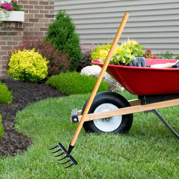 Garden Tool for Soil Preparation Wooden Handle Rake for Flower Beds, 6 Teeth 19x12x10cm