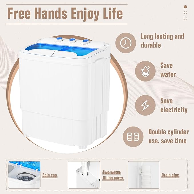SUNCROWN Portable Washing Machine 17.6lbs, Compact Twin Tub Semi Automatic Washer, Energy-Saving Mini Laundry Combo with Extended Drain Hose & Pump for Apartments, Dorms, RV, (White & Blue)
