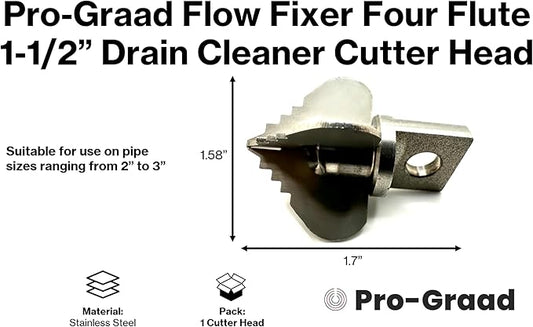 1.6” Spear 4 Flute Flow Fixer Drain Cleaner Plumbing Snake Cutter Head for 2” – 3” Pipes, Clears & Scrapes Inner Walls, Fits 3/8” 1/2" or 9/16” Cables, Commercial & Residential Use