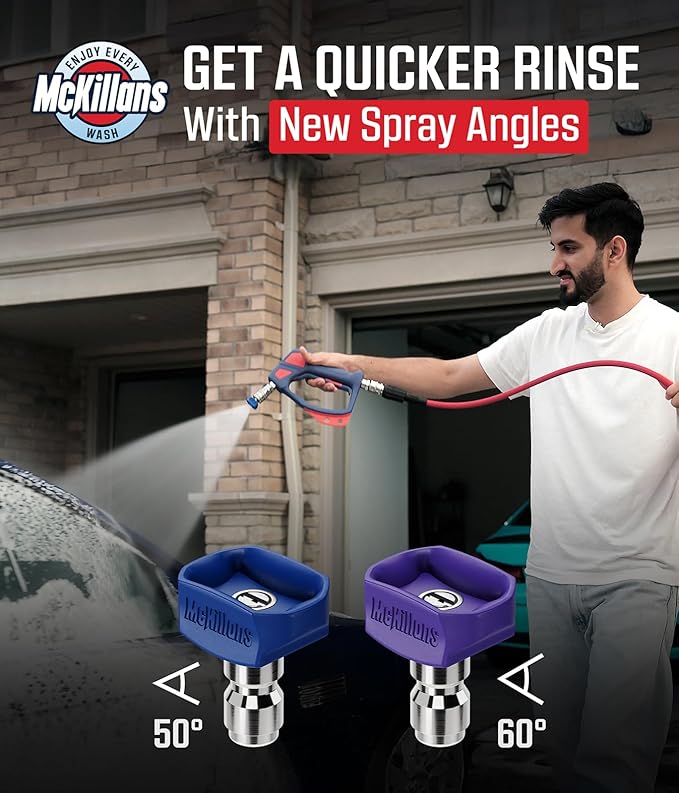 McKillans® 2026 Soft Pressure Washer Nozzle Tips - Fast Rinse - New Spray Angles 60° 50° 40° 25° 15° - Easy-Grip Design - 304 Stainless Steel - 1/4" Quick Connect - Power Washer Tips Set (2.5 Orifice)
