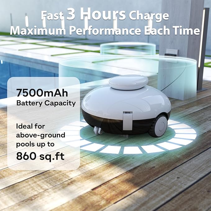 Cordless Robotic Pool Vacuum, 90 Mins Runtime Pool Cleaner with Double Filters, Lightweight, Powerful Brushless Motors for Above Ground Flat Pools up to 860 Sq.Ft (Black)