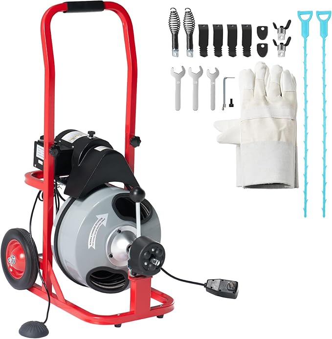 Albott 75 FT x 1/2 inch Electric Drain Cleaner Machine with Auto-Feed & 10 Cutters, Sewer Snake Auger for 1–4 Inch Pipes, Wheels & Foot Switch, Ideal for Home & Commercial Use, Gray/Red