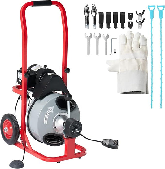 Albott 50 FT x 1/2 inch Electric Drain Cleaner Machine with Auto-Feed & 10 Cutters, Sewer Snake Auger for 1–4 Inch Pipes, Foot Switch & Wheels, Ideal for Home & Commercial Use, Gray/Red