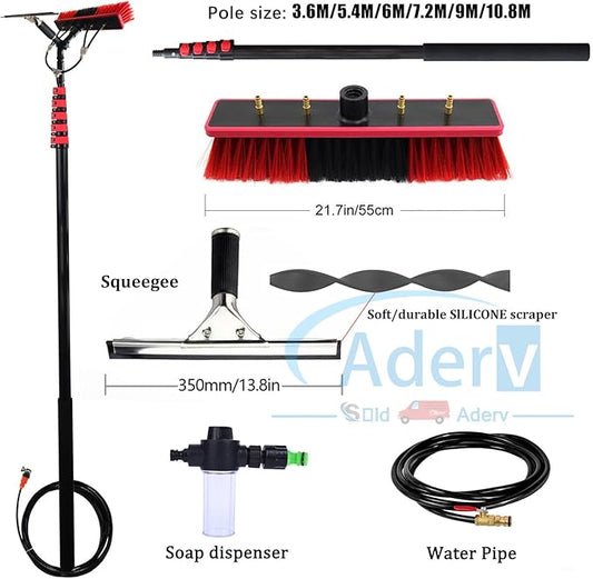 3.6-10.8 M Washing Kit: Water-fed Brush,Squeegee,Soap Dispenser, Window Cleaning Pole, Water Fed Telescopic Brush, Window Cleaner Equipment, Car Cleaning Brush (55cm Brush,5.4M)