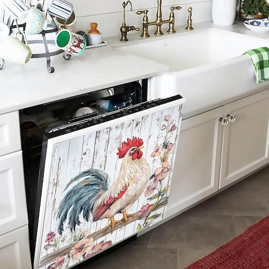 Generic Country Rooster Dishwasher Magnet Cover, Rustic Flowers Magnetic Refrigerator Panel Decals Farmhouse Chicken Floral Decorative Wood Grain Magnet Stickers Home Seasons Decor,23x26 in