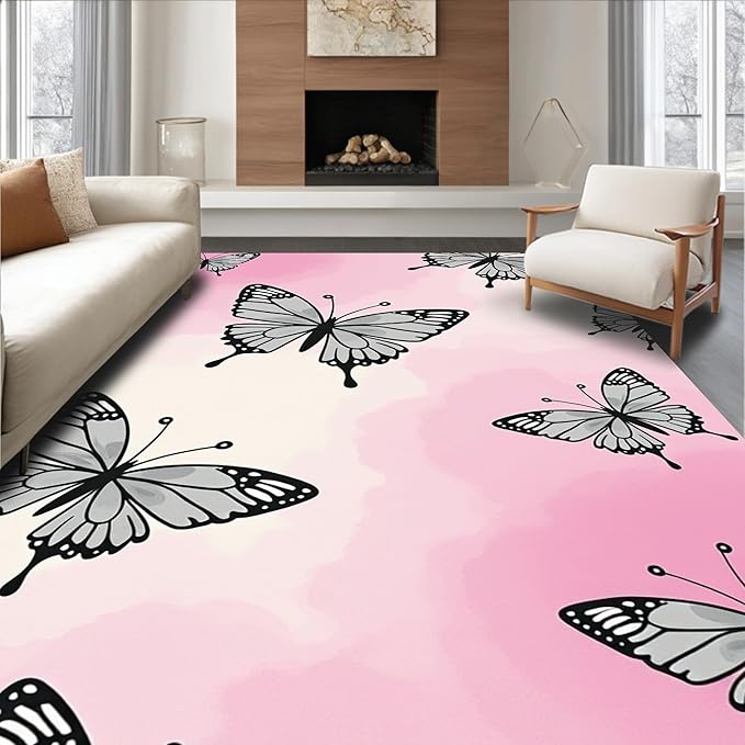 Flatwoven High Traffic Area Rug 2x3, Enchanted Wings Restroom Accessories, Non Slip, Stain Resistant, Washable Area Rugs for Living Room, Bedroom (Pink, 2x3)