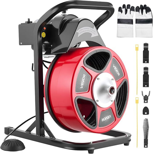 VEVOR Drain Cleaner Machine 50 FT x 1/2 Inch, Manual Feed Sewer Snake Auger with 4 Cutters & Air-Activated Foot Switch for 2" to 6" Pipes