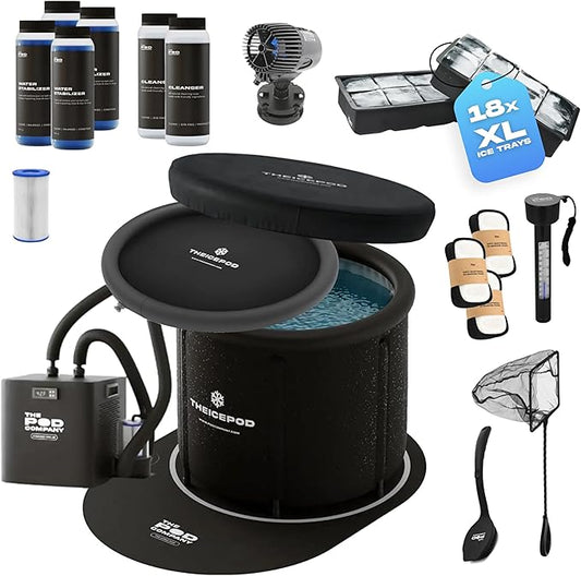 The Pod Company Standard Ice Pod Ultimate Cold Plunge Bundle – 84-Gallon Portable Ice Bath with Standard Water Chiller, 18 Ice Bricks, Insulation Set, Water Circulation Jet & Maintenance Kits