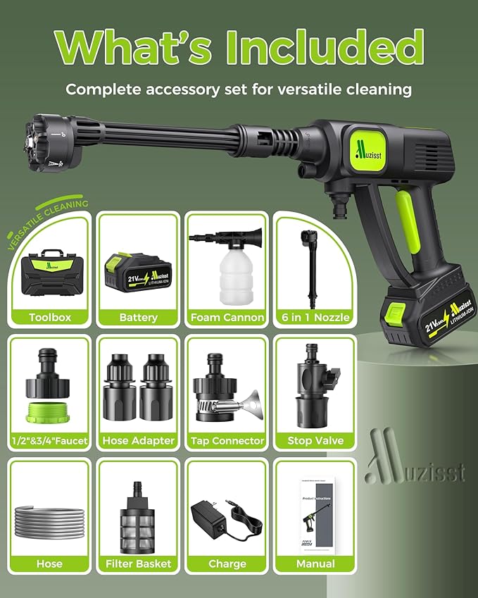 Cordless Car Washer, Portable Cleaning Tool with 6-in-1 Nozzle, Self-Priming from Bucket, Hose or Tap, Battery Powered for Car, Patio & Garden Cleaning