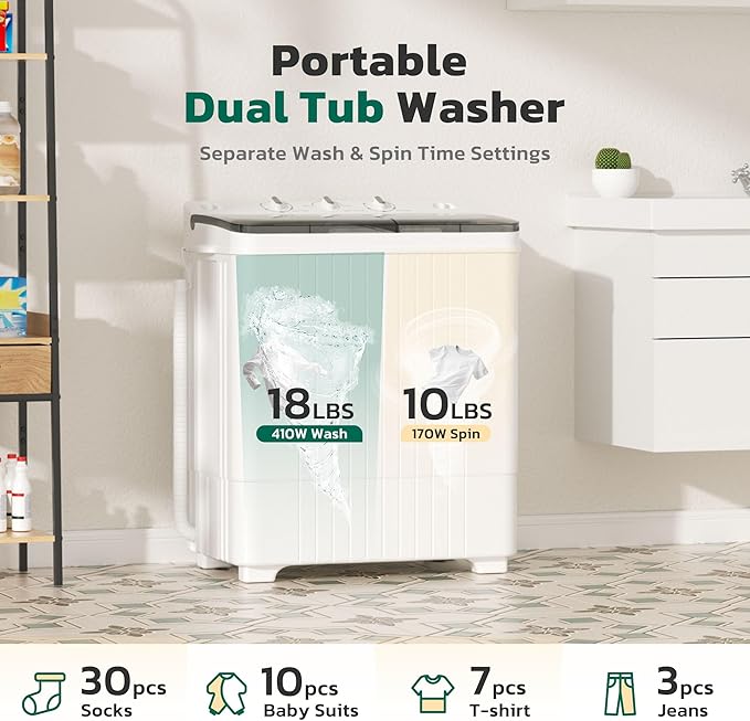 Greenvelly Portable Washing Machine, 28 Lbs Capacity Twin Tub Washing Machine, 18lbs Washer and 10lbs Spinner Combo, Compact Laundry Washer for Apartment,Camping, RVs and Dorms, Grey+White