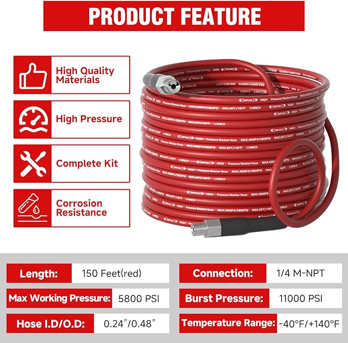 NIFUAL Sewer Jetter Kit for Pressure Washer,150FT 5800PSI Pressure Drain Cleaner 1/4 Inch NPT Corner Rotating and Button Hose Sewer Jetting Nozzle for Homeowners & DIYers (150FT)