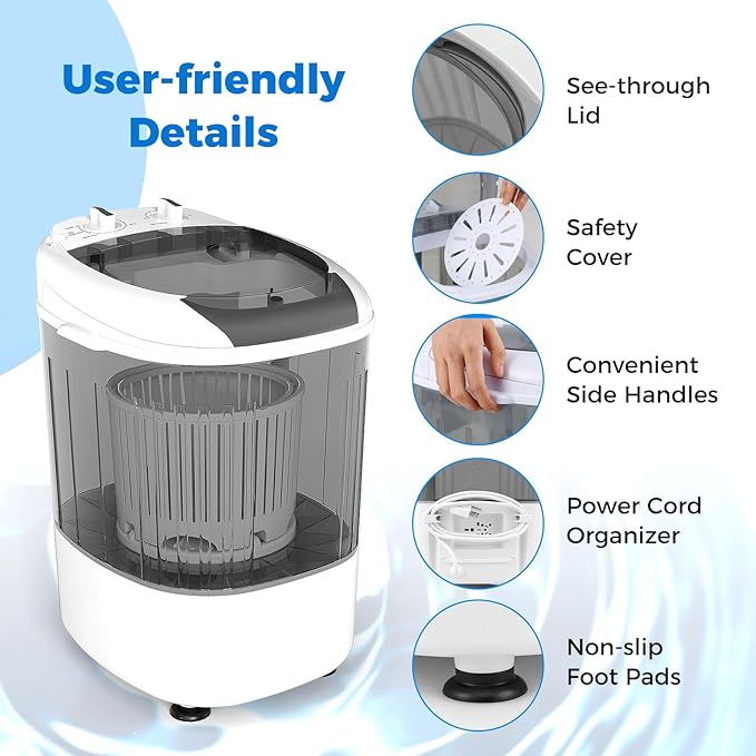 COSTWAY Mini Portable Washing Machine, 5.5 lbs Capacity, Compact Laundry Washer with Spin Tub & Drain Hose, Perfect for Apartment Dorms RV Home (Grey)