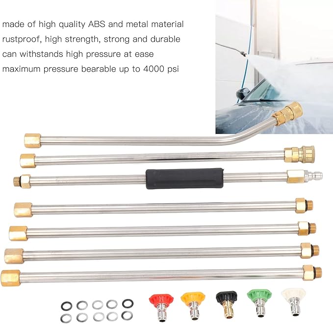 High Pressure Power Washer Extension Wand Set, Gutter Cleaning Tool with 5 Nozzle Tips, 4000PSI Pressure Washer Lance for Car, Driveway, Roof, Compatible with Most Pressure Washers