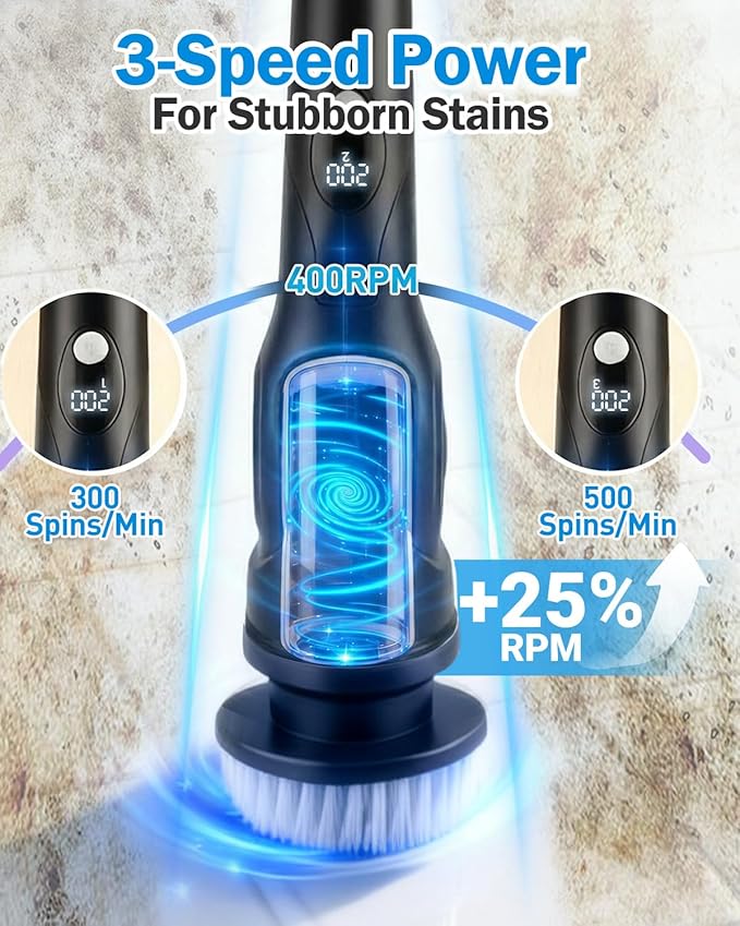 Electric Spin Scrubber, 3-Speed Cordless Shower Scrubber with Long Handle & 10 Replaceable Brush Heads, 90 Mins Runtime & Full-Body IPX7 Waterproof Shower Cleaner Brush for Bathroom Kithchen