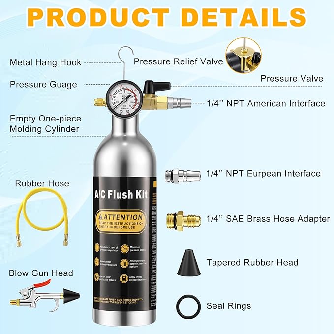 AC Flush Kit Air Conditioner System Flush Canister Kit AC Drain Line Cleaner Tool Conditioning Pipeline Set with Gauge, Air Fittings and Hose for Car Conditioner Pipe (Aluminum,Classic)