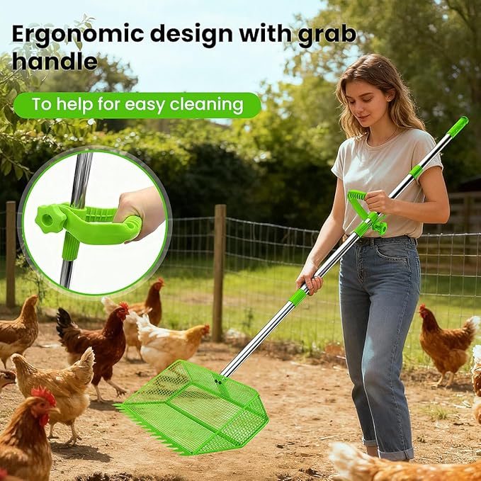 2026 Latest 12inch 2-in-1 Chicken Poop Scooper & Rake with Handle, Heavy-Duty Metal Chicken Coop Scoop for Sand Sifting Shovel Litter Scooper for Farm House Chicken Coop Cleaning Tools Accessories