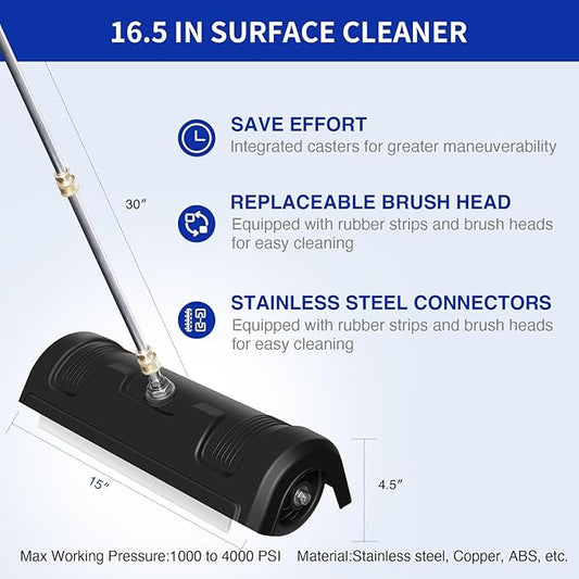 GALAXYER Pressure Washer Surface Cleaner, Metal Floor Washer Accessories for Driveways Sidewalks Patios with 2 Extension Pole Attachments, 1/4-inch Quick Coupler