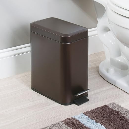 mDesign Metal Freestanding Slim Toilet Bowl Brush and Holder + Rectangle Narrow 5 Liter / 1.3 Gallon Step Pedal Trash Can Wastebasket for Bathroom - Small, Compact Design - Set of 2 - Bronze