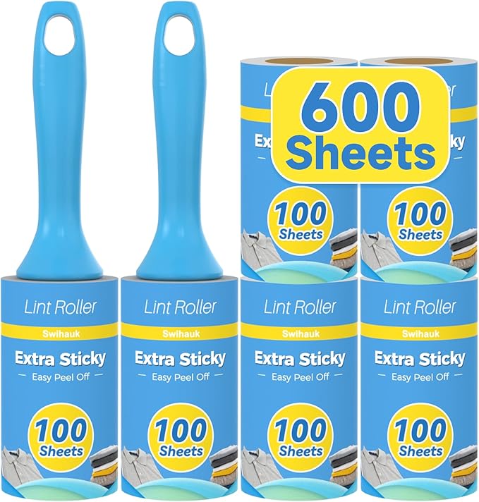 Swihauk 600 Sheets Extra Sticky Lint Rollers for Pet Hair | Easy Spiral Tear Lint Roller for Clothes with Ergonomic Handle, Multipurpose Lint Remover for Furniture, Carpet, Car Seat by swihauk